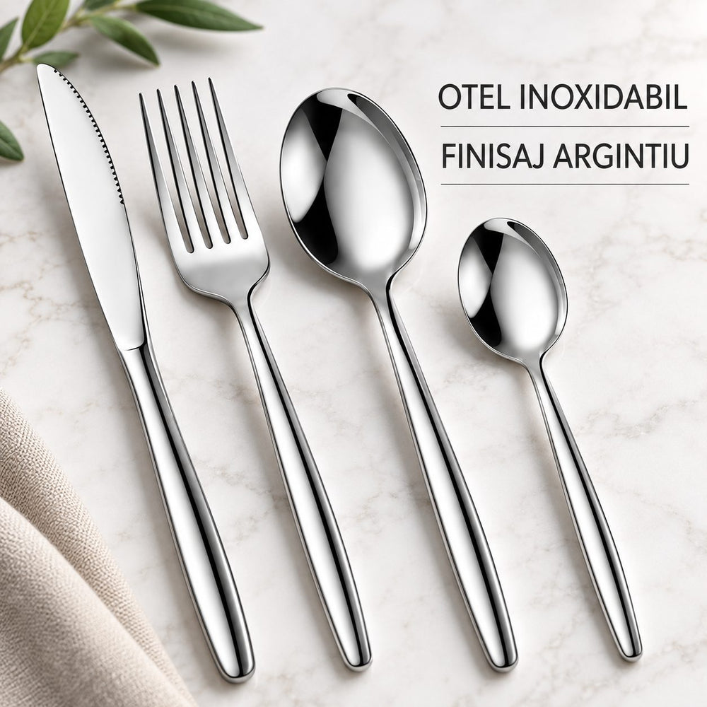 Tacamuri Portugheze, Set din 24 de Piese din Otel Inoxidabil, 6 Cutie, 6 Furculite, 6 Linguri de Masa, 6 Linguri pentru Ceai, Argintiu