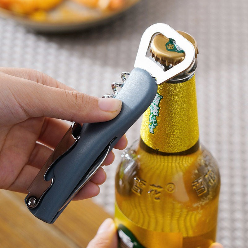 Tirbuson de Sticle 4 in 1, Desfacator de Sticle Multifunctional, din Inox cu Maner Anti Alunecare, 13.5 x 4 cm Albastru
