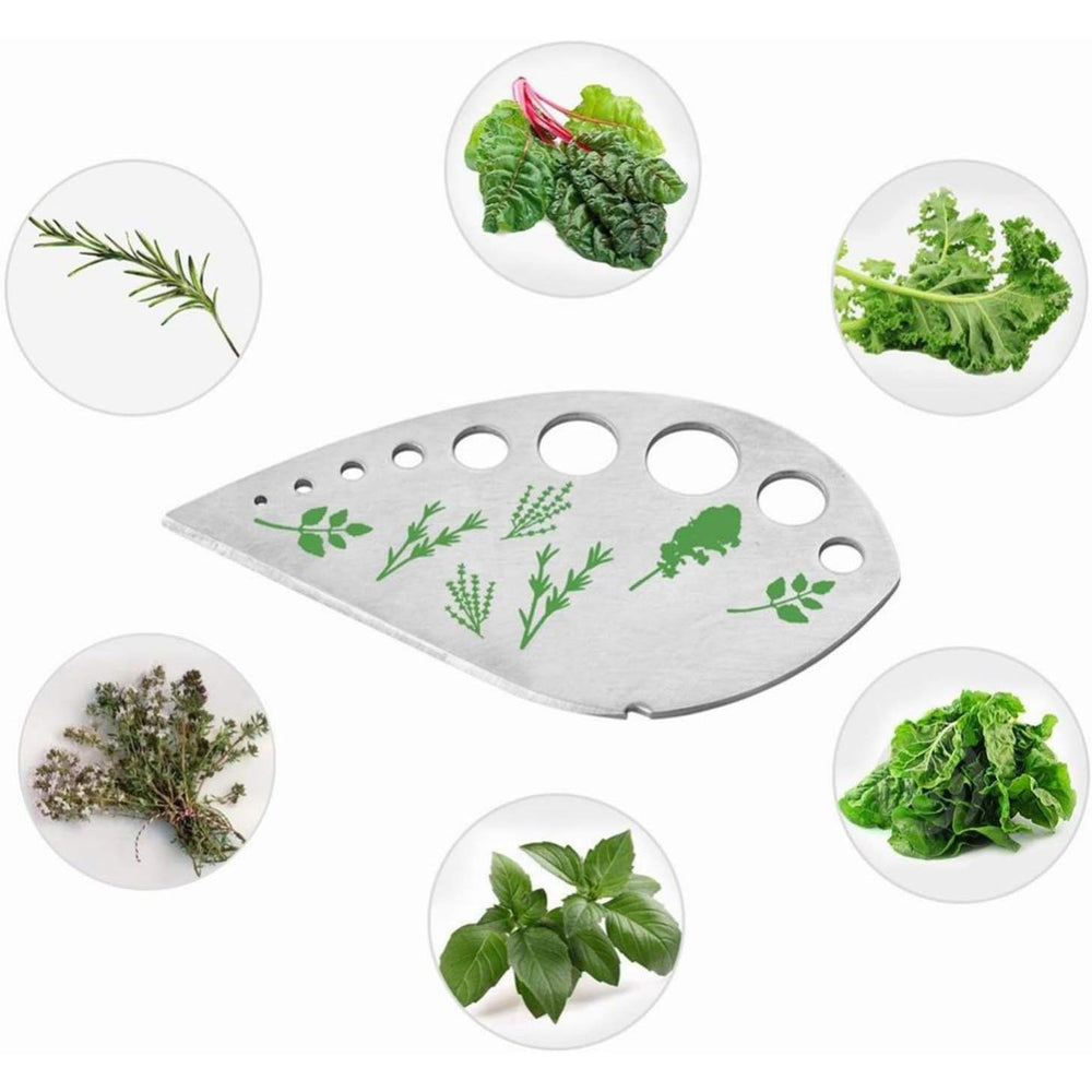 Tocator manual pentru ierburi, instrument de curatat frunze, margini ascutie, 9 gauri de diferite dimensiuni, multifunctional, material otel inoxidabil, maner ergonomic, rezistent la rugina, 12.3 x 6.9 cm, argintiu
