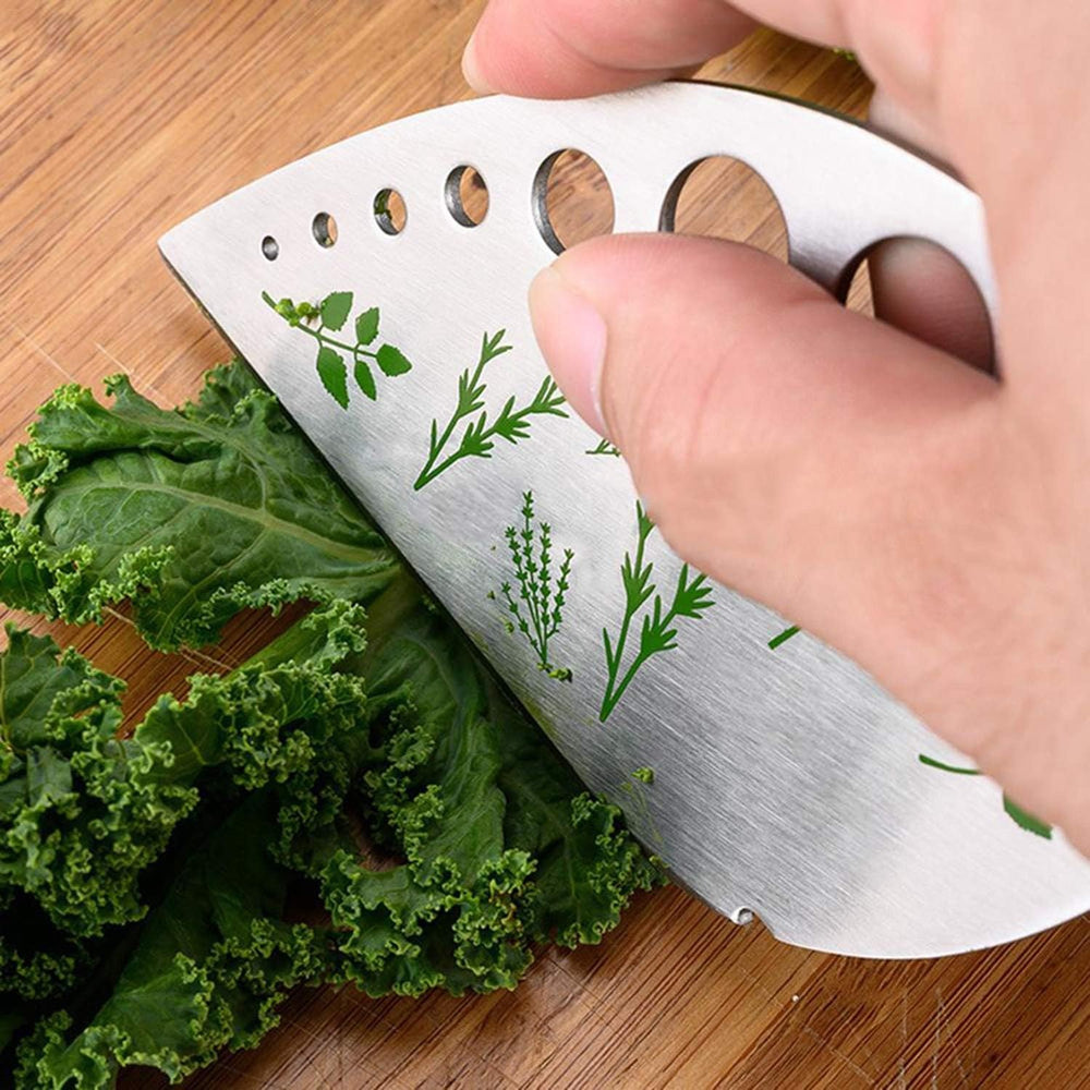 Tocator manual pentru ierburi, instrument de curatat frunze, margini ascutie, 9 gauri de diferite dimensiuni, multifunctional, material otel inoxidabil, maner ergonomic, rezistent la rugina, 12.3 x 6.9 cm, argintiu