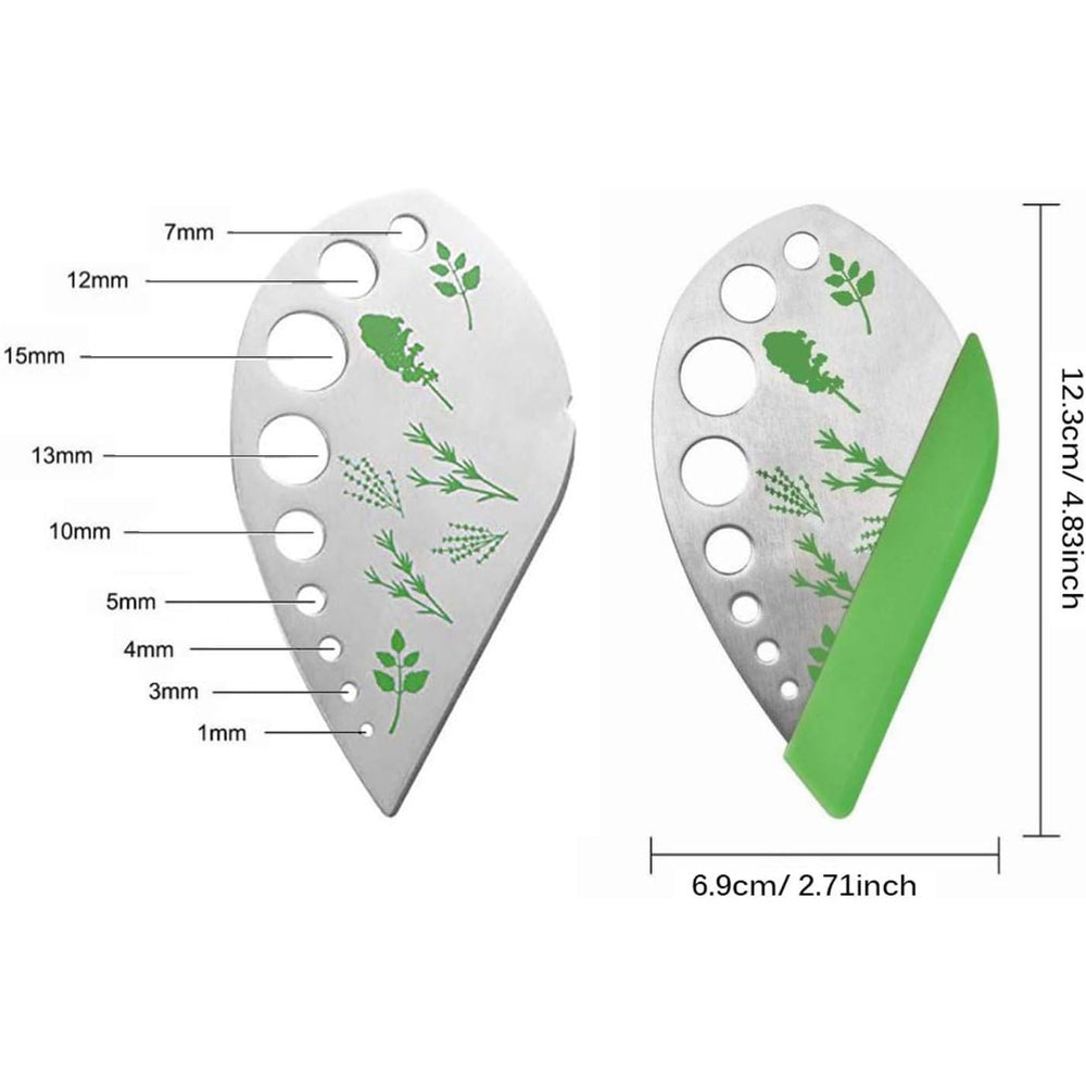 Tocator manual pentru ierburi, instrument de curatat frunze, margini ascutie, 9 gauri de diferite dimensiuni, multifunctional, material otel inoxidabil, maner ergonomic, rezistent la rugina, 12.3 x 6.9 cm, argintiu