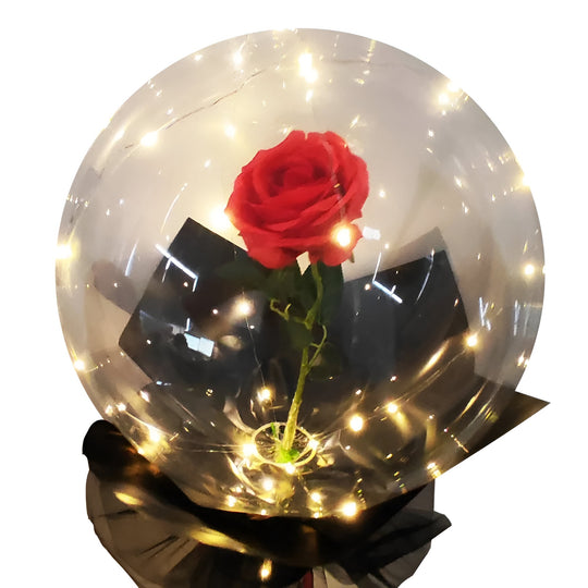 Trandafir in Balon LED cu Lumini, Tip Buchet, Diametru 35 cm, Rosu
