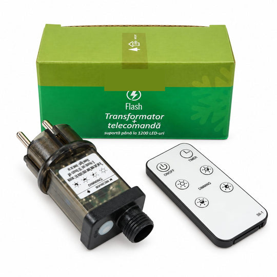 Transformator pentru Instalatii LED, Flash, Telecomanda Inclusa, Temporizator, Intensitate Reglabila, 31 V, Suporta pana la 1200 LED-uri, Negru