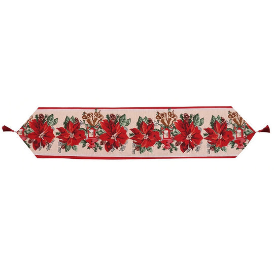 Traversa de Masa pentru Craciun, Napron, din Material Tricotat cu Tesatura Groasa, Model Flori Rosii, cu Colt si Ciucure, 173x34x0.2 cm, Alb/ Rosu