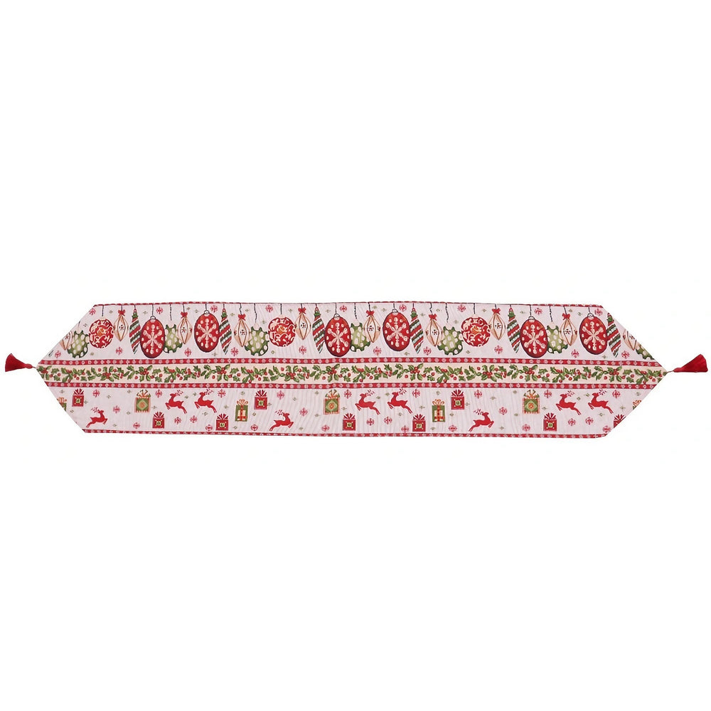 Traversa de Masa pentru Craciun, Napron, din Material Tricotat cu Tesatura Groasa, Model Globuri, Reni si Cadouri, cu Colt si Ciucure, 173x34x0.2 cm, Alb/ Rosu