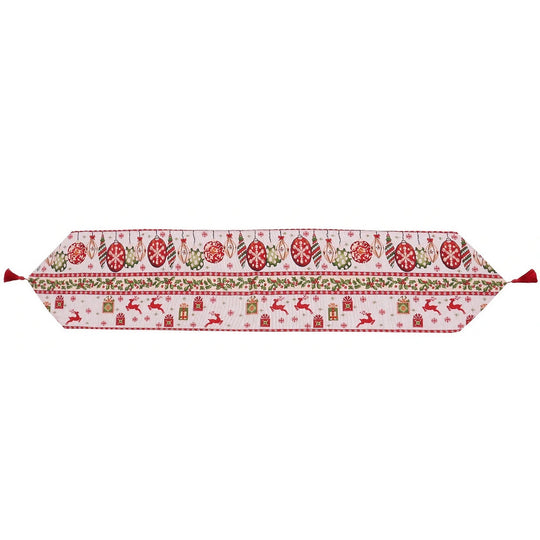 Traversa de Masa pentru Craciun, Napron, din Material Tricotat cu Tesatura Groasa, Model Globuri, Reni si Cadouri, cu Colt si Ciucure, 173x34x0.2 cm, Alb/ Rosu