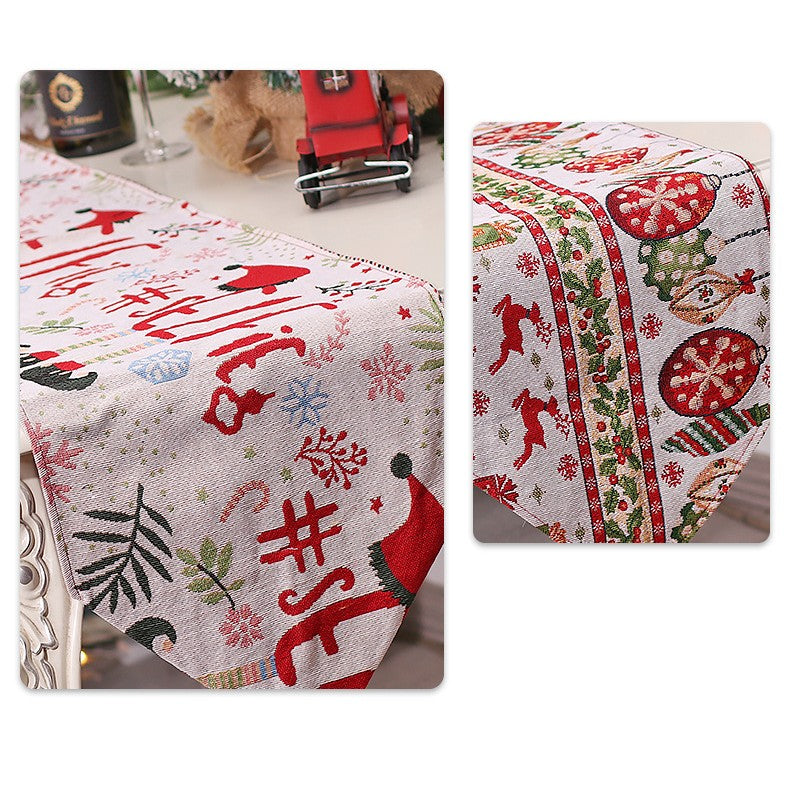 Traversa de Masa pentru Craciun, Napron, din Material Tricotat cu Tesatura Groasa, Model Globuri, Reni si Cadouri, cu Colt si Ciucure, 173x34x0.2 cm, Alb/ Rosu