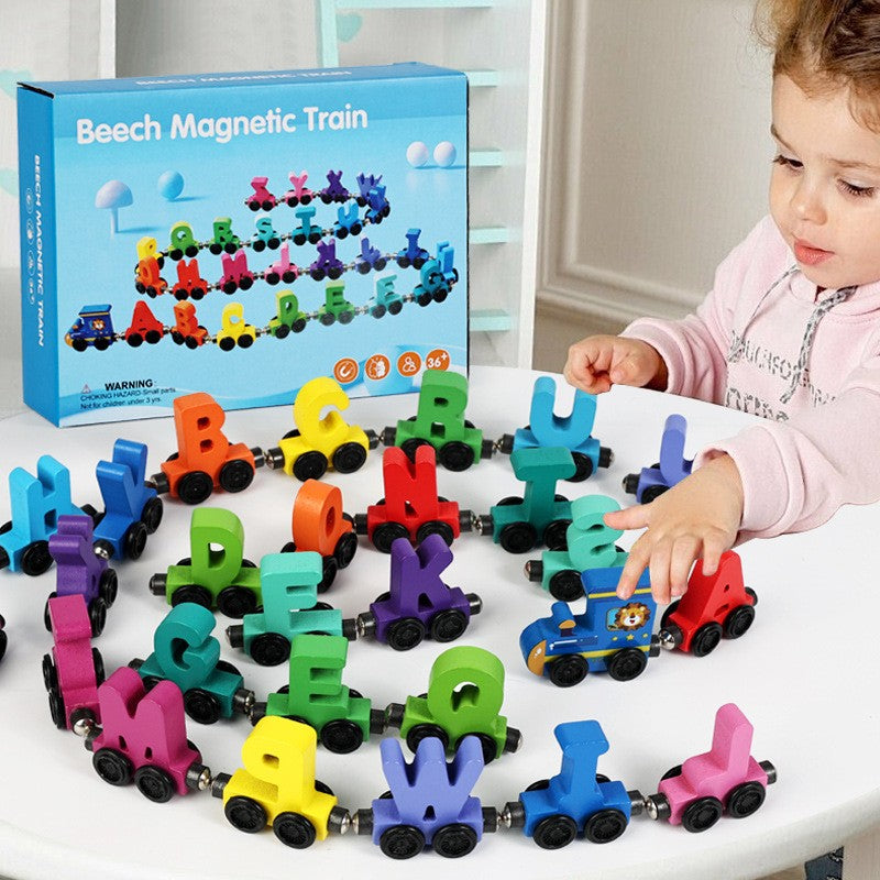 Trenulet Magnetic, din Lemn, Model Alfabet, 26 Litere, +3 Ani, Jucarie de Asamblat, Multicolor