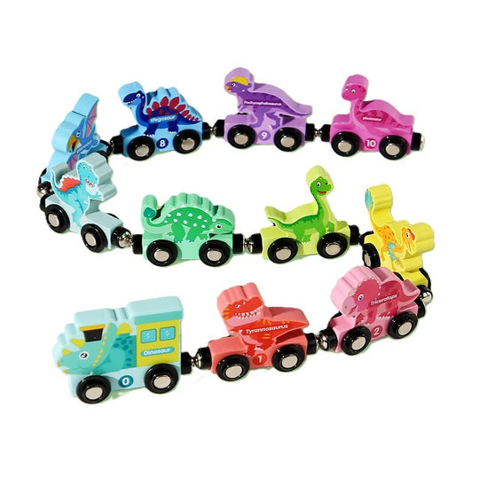 Trenulet Magnetic, din Lemn, Model Dinozauri, 10 Animale, +3 Ani, Jucarie de Asamblat, Multicolor