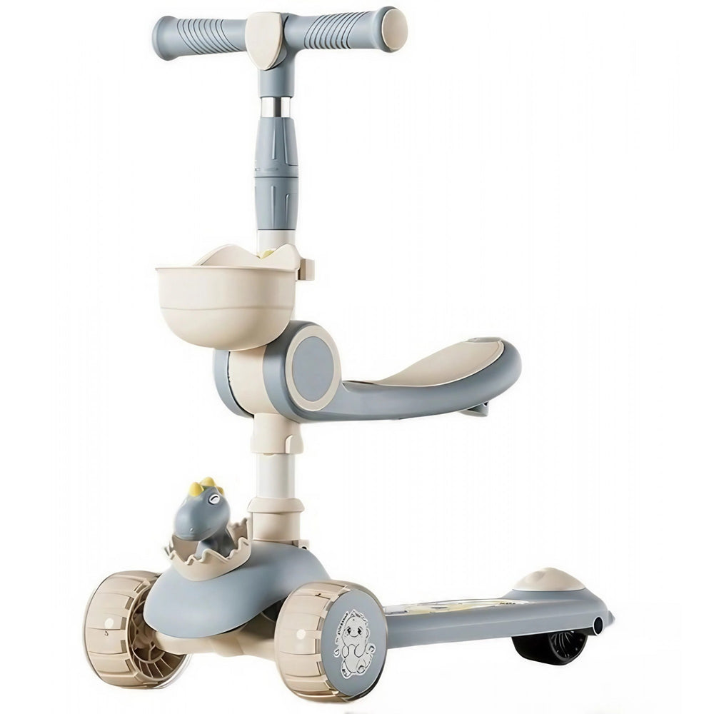 Trotineta Multifunctionala 2 in 1, pentru Copii, 1-4 Ani, cu Lumini, Reglabil 360, Pliere Usoara, Reglarea Inaltimii, Model Dinozaur, Bej/Albastru