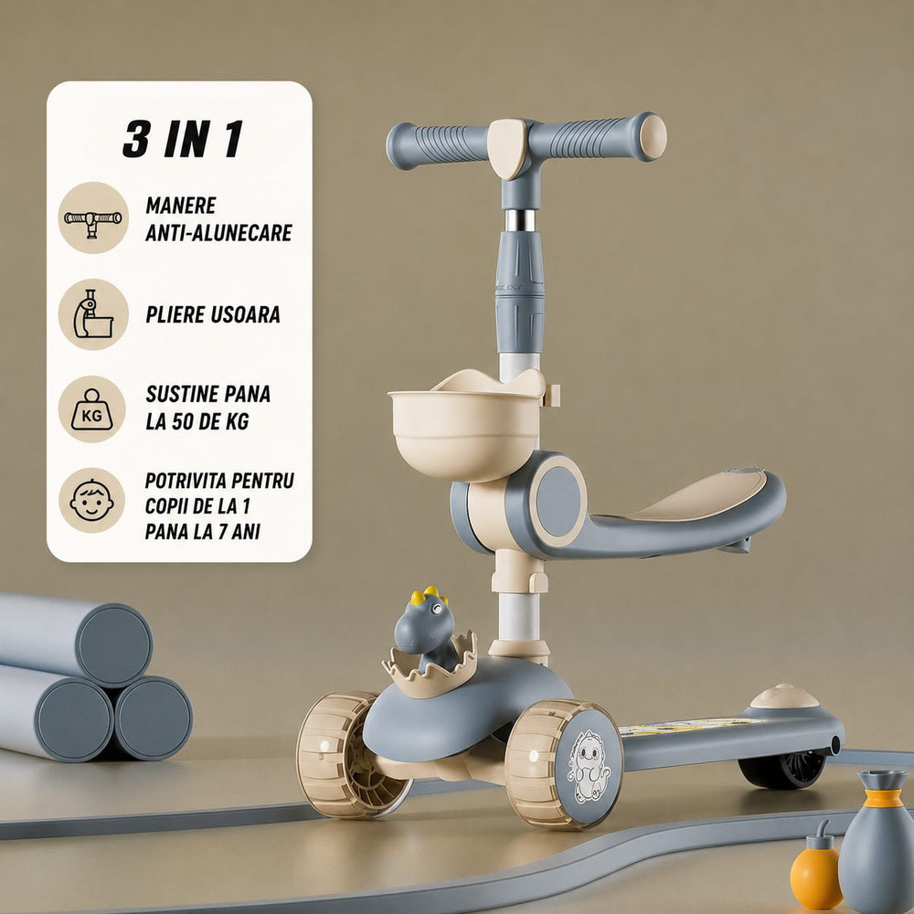 Trotineta Multifunctionala 2 in 1, pentru Copii, 1-4 Ani, cu Lumini, Reglabil 360, Pliere Usoara, Reglarea Inaltimii, Model Dinozaur, Bej/Albastru