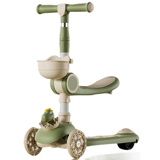 Trotineta Multifunctionala 2 in 1, pentru Copii, 1-7 Ani, cu Lumini, Reglabil 360, Pliere Usoara, Reglarea Inaltimii, Model Dinozaur, 67-76 x 24 x 55 cm, Bej/Verde