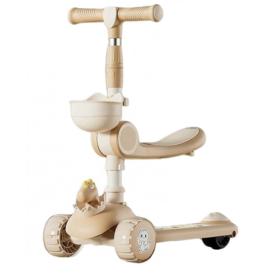Trotineta Multifunctionala 2 in 1, pentru Copii, 1-7 Ani, cu Lumini, Reglabil 360, Pliere Usoara, Reglarea Inaltimii, Model Dinozaur, 67-76 x 24 x 55 cm, Alb/Bej