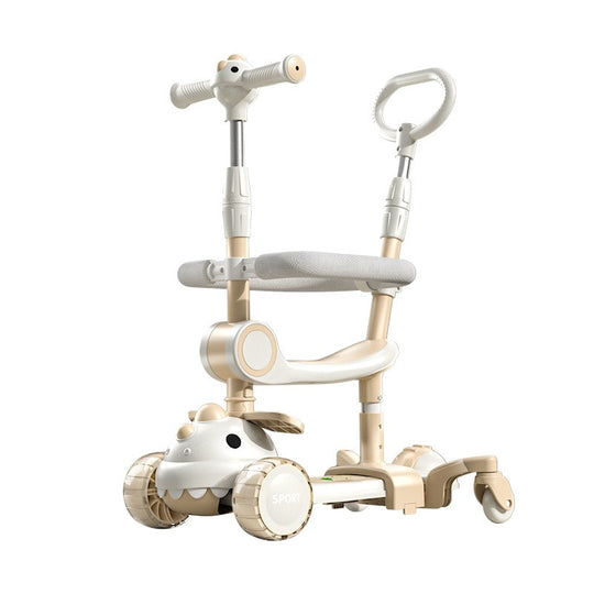 Trotineta Multifunctionala 6 in 1, Varsta 1-4 Ani, Cu Maner De Impingere, Reglabil 360, Pliere Usoara, Reglarea Inaltimii, Model Dinozaur, Alb/Bej