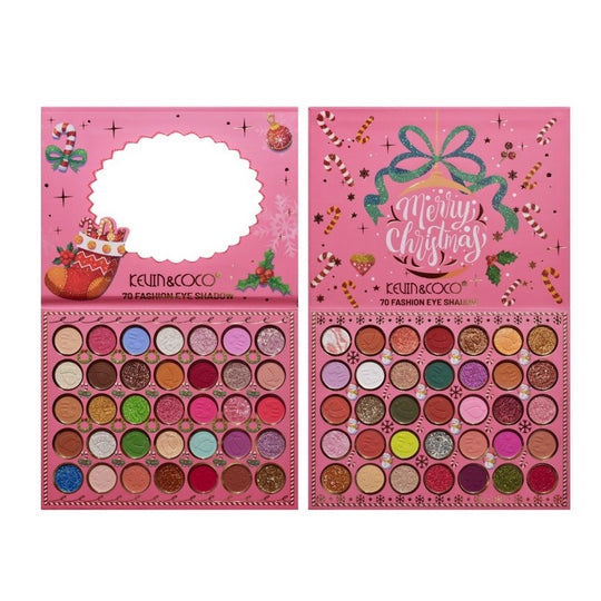 Trusa de Machiaj Profesionala Kevin&Coco Snowy Christmas, 70 Culori, Paleta All-in-One pentru Ochi si Fata, Farduri Mate, Sidefate si Glitter, Design Festiv de Craciun, Pigmentare Intensa, 22.5 x 17 x 2 cm, Roz