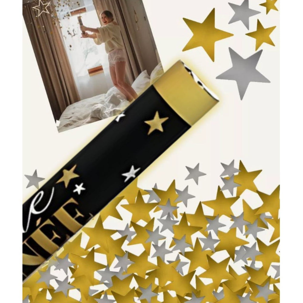 Tub de Confetti, Bonne Annee, 30x5 cm, Confetii Stelute din Aluminiu, Auriu/Argintiu