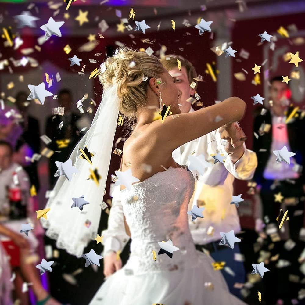 Tub de Confetti, Bonne Annee, 40x5 cm, Confetii Stelute din Aluminiu, Auriu/Argintiu