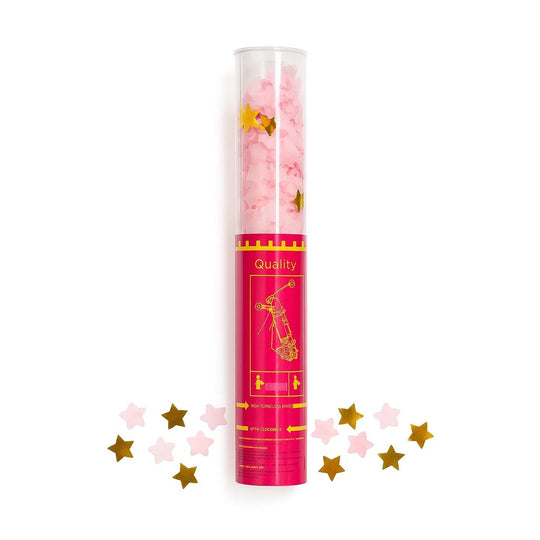 Tun de Confetti, 40 cm, Model Stelute din Folie si Hartie, Ambalaj PET, Roz