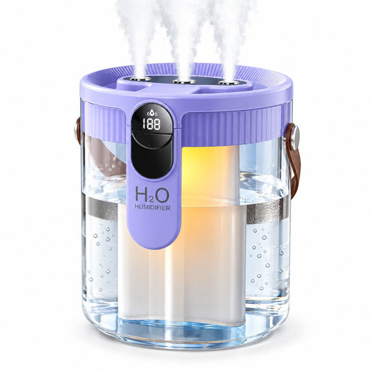 Umidificator de Aer, 1.5 L, 3 Duze de Pulverizare, Debit Ridicat de Ceata, Portabil si Silentios, Alimentare USB, Utilizare Wireless sau Conectat la Priza, Lumina de Veghe, Mov