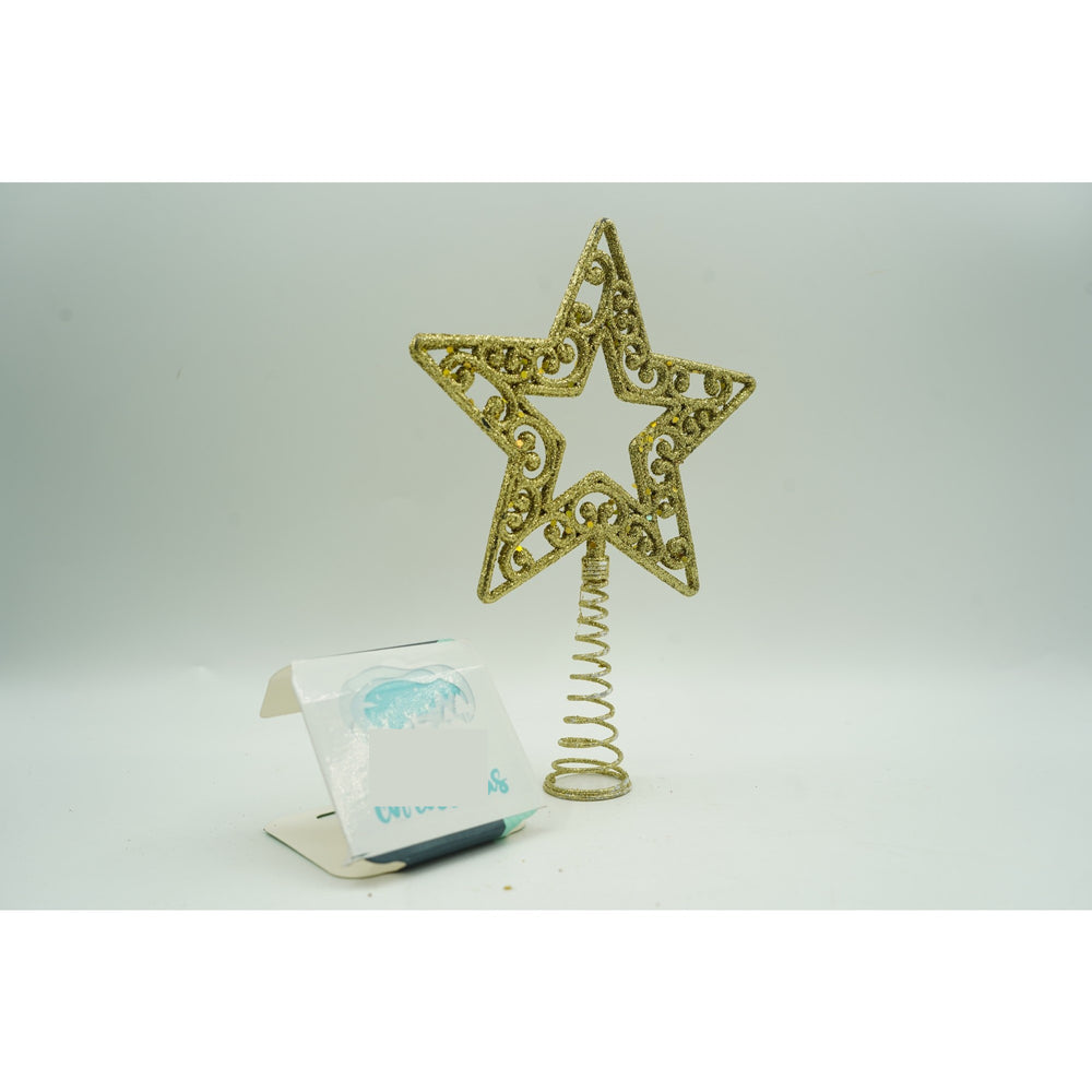 Varf decorativ de brad, Auriu, in forma de Stea, decupata in centru, din Plastic/Metal, 14 cm x 19 cm, Interior/Exterior