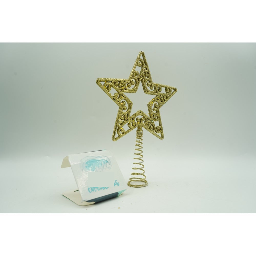 Varf decorativ de brad, Auriu, in forma de Stea, decupata in centru, din Plastic/Metal, 14 cm x 19 cm, Interior/Exterior