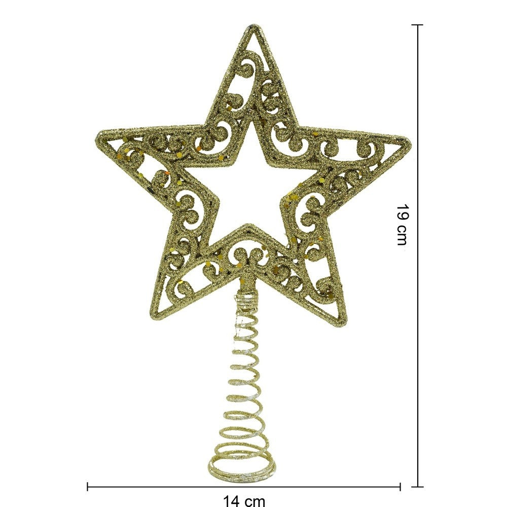 Varf decorativ de brad, Auriu, in forma de Stea, decupata in centru, din Plastic/Metal, 14 cm x 19 cm, Interior/Exterior
