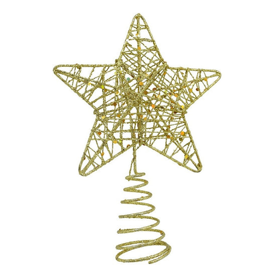 Varf decorativ de brad, Auriu, in forma de Stea, design cu paiete, din Plastic/Metal, 13 cm x 18 cm, diametru 4 cm, Interior/Exterior