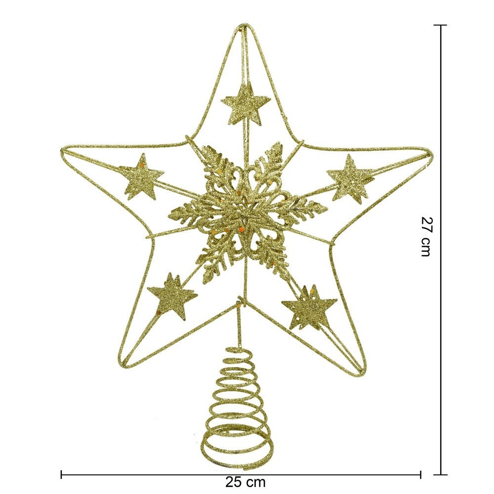 Varf decorativ de brad, Auriu, in forma de Stea, design de stele, din Plastic/Metal, 25 cm x 27 cm