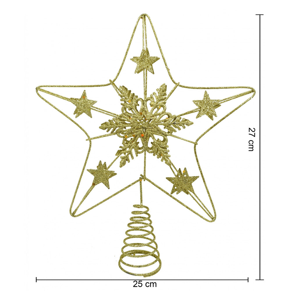 Varf decorativ de brad, Auriu, in forma de Stea, design de stele, din Plastic/Metal, 25 cm x 27 cm
