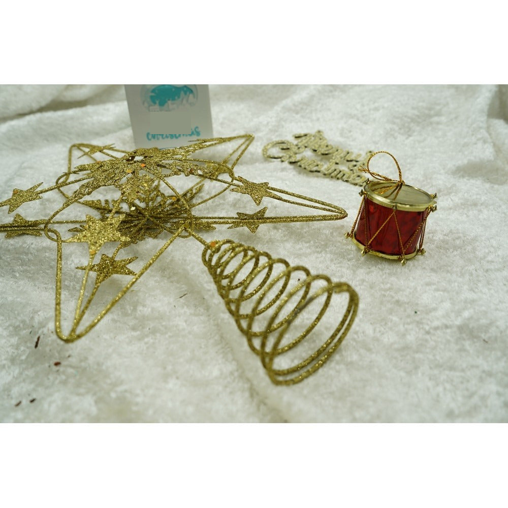 Varf decorativ de brad, Auriu, in forma de Stea, design de stele, din Plastic/Metal, 25 cm x 27 cm