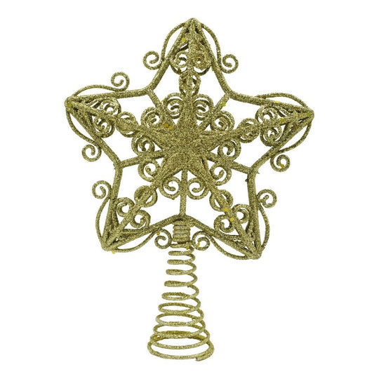 Varf decorativ de brad, Auriu, in forma de Stea, design forjat, din Plastic/Metal, 14.5 cm x 20 cm, Interior/Exterior