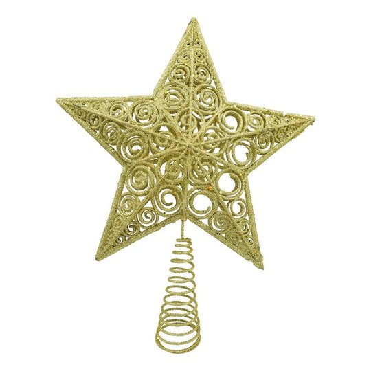 Varf decorativ de brad, Auriu, in forma de Stea, design spiralat, din Plastic/Metal, 29 cm x 38 cm, Interior/Exterior