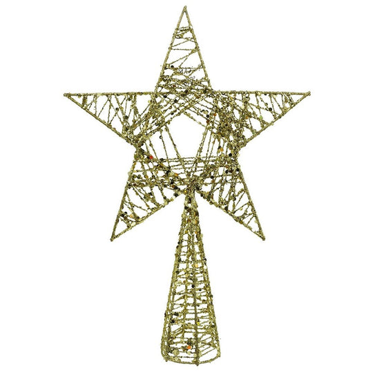 Varf decorativ de brad, Auriu, in forma de Stea, infasurata, din Plastic/Metal, 20 cm x 28 cm, Interior/Exterior
